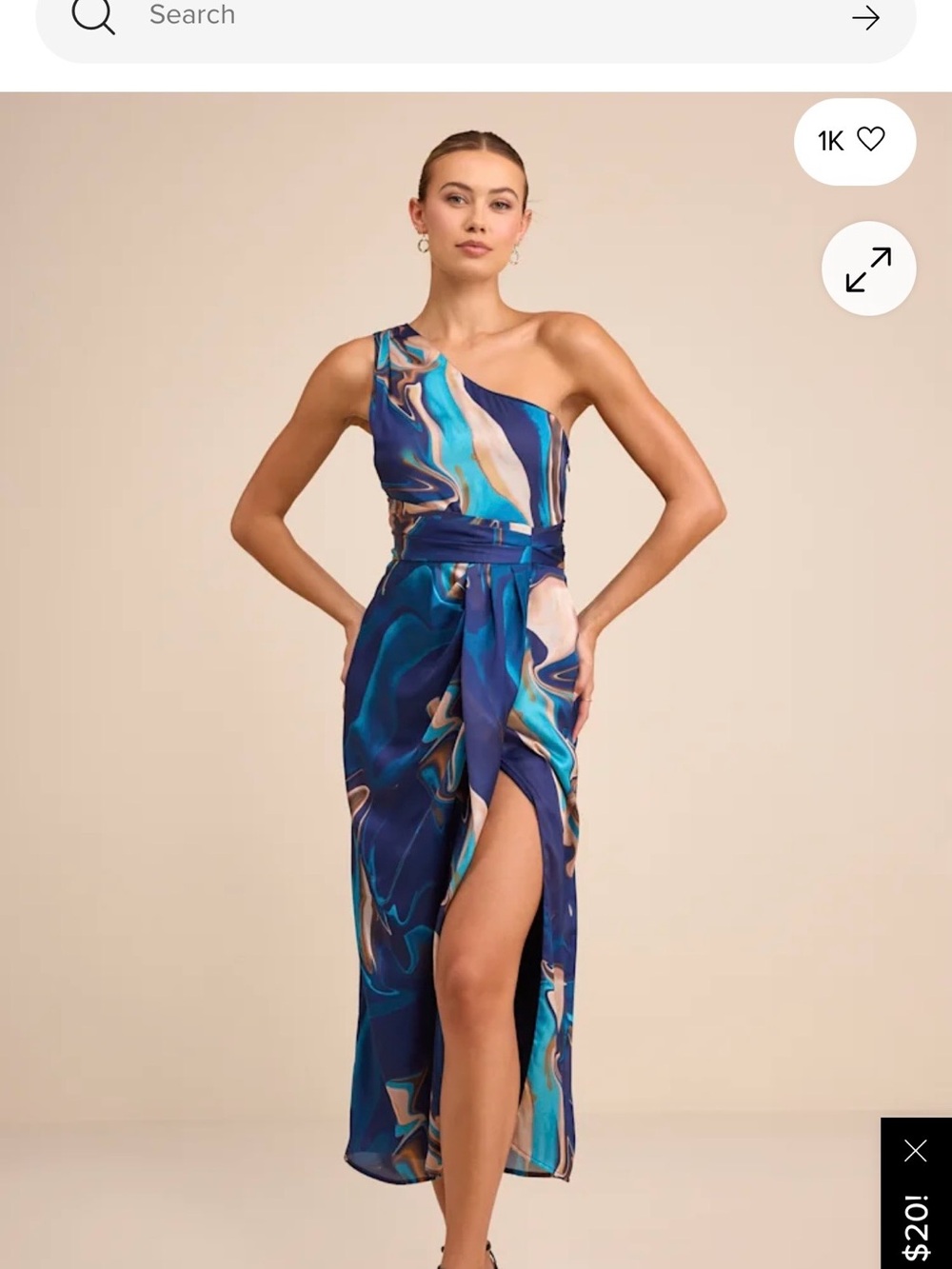 Lulu's One-Shoulder Teal & Navy Marble-Print Maxi Dress